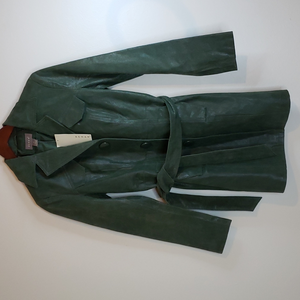 Kenar Leather Coat Sz 4 Womens Green 3 Button Belted Long Jacket